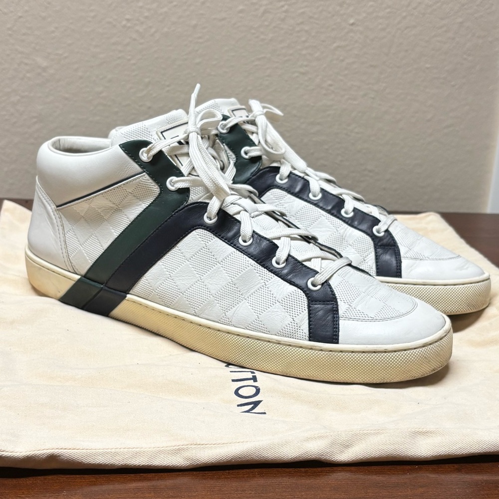 LOUIS VUITTON Shoes (12, White, Damier Infini) With LV Shoe Box and Dustbags